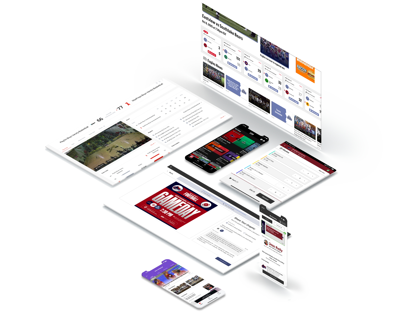 Collage of PlayOn product suite showing ticketing, live streaming, sports scores, schedules, and fan engagement tools