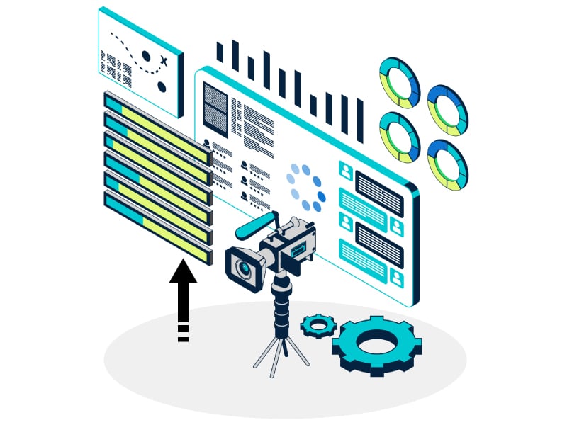 Illustration of video camera and data charts showing sports analysis and highlights for MaxPreps Advantage