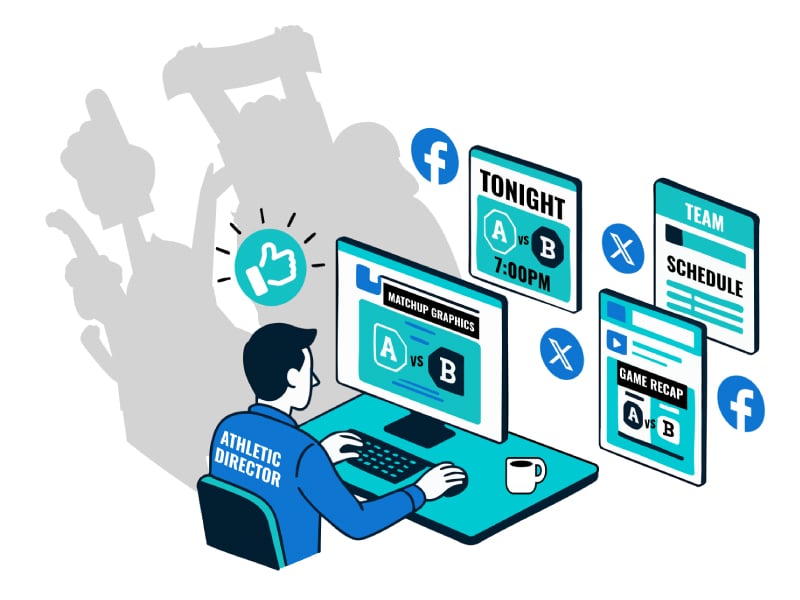 Illustration of athletic director using Fan Zone to create matchup graphics, schedules, and game recaps for fans