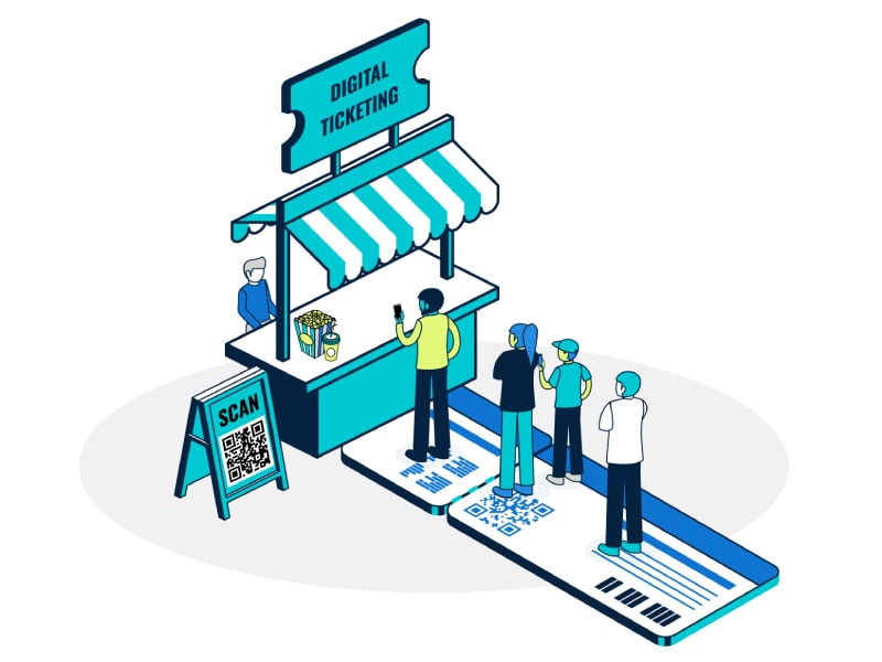 llustration of fans using digital ticketing at a GoFan booth.