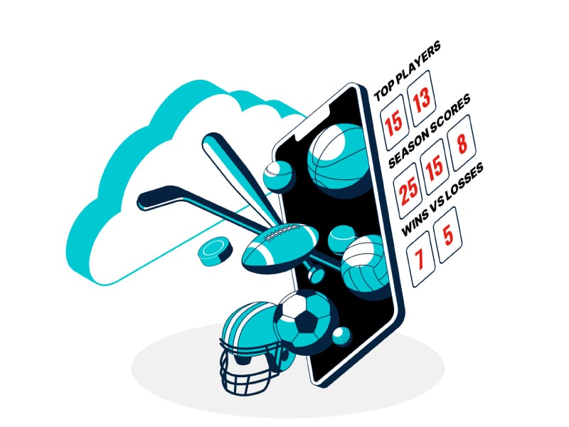 Illustration of sports statistics and scores displayed on MaxPreps on a mobile device with multiple sports balls