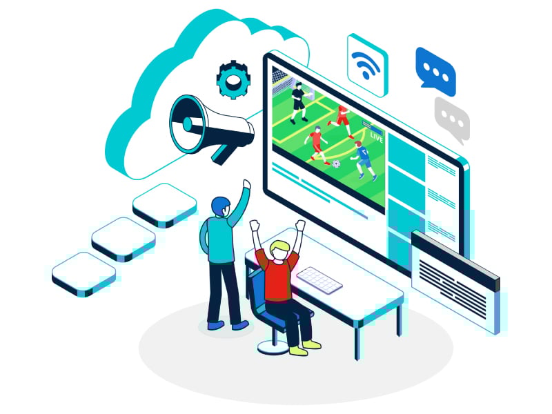 Illustration of coaches viewing a website with sports schedules and highlights on a computer screen for PlayOn Sites
